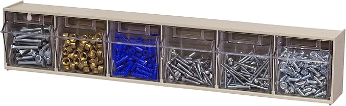 Akro-Mils TiltView Plastic Storage Cabinet with 6 Tilt Out Bins, Horizontal Plastic Parts Organizer, Teacher Toolbox, and Office Supply Organizer, 23-5/8" W x 3-1/2" H x 3-3/4" D, Stone