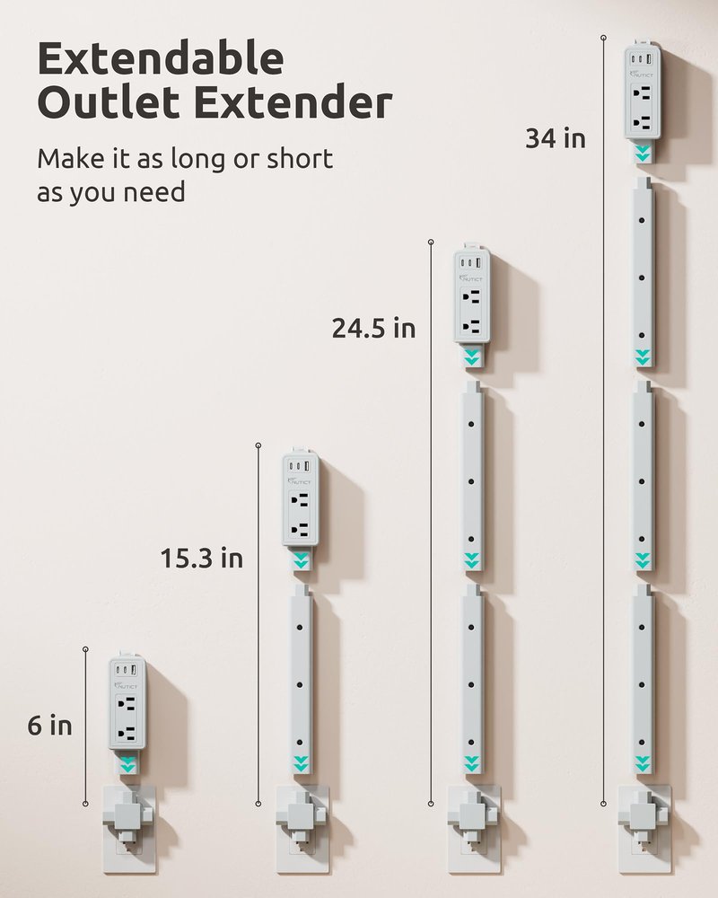 NUTICT Electrical Outlet Extender Stick, 2 AC Outlets & 2 USB-C & 1 USB-A Port, Flexible Extends 6"-34", Hide Behind Couches, Nightstands, Beds, Desks, Grey