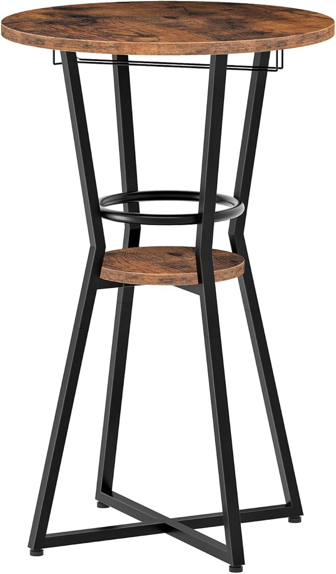HOOBRO Round Bar Table, 2-Tier Counter Height Pub Table with Wine Glass Holder, Industrial Cocktail Table, for Small Space, Tavern, Living Room, Dining Room, Patio, Rustic Brown and Black BF62BT01G1