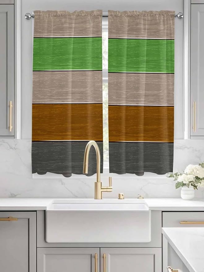 Farm Gray Green Brown Wood Grain Window Valance Curtains, Rustic Wooden Plank