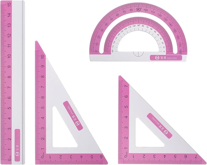 HARFINGTON 4pcs Geometry Set 15cm Metric Measure Ink Printing Aluminum Ruler Metal Ruler Set Triangle Protractor Ruler Tool Set for Classroom, Office, Home, Rose Red