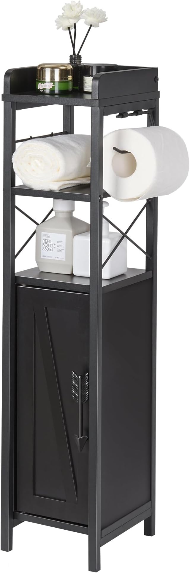 VECELO Small Bathroom Cabinet,Slim Toilet Paper Holder with Door&Metal Scroll, Upgraded Narrow Storage Organizer for Restroom Bathroom Tiny Space,Fenced Top Waterproof Coating,Black