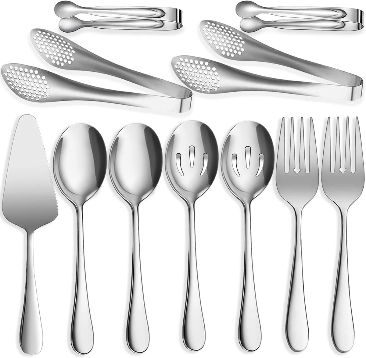 IAXSEE 11 PCS Serving Utensils, Large Stainless Steel Spoons Forks Tongs, Pie Server, Great for Hostess Buffet Catering Banquet Party, Black