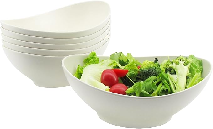 Oval Salad Bowls 34oz, Bamboo Fiber Serving Bowls Set of 6, Individual Salad Bowls for Kitchen Eating Restaurant, Deep Soup Bowls for Salad,Fruit,Pasta,Vegetable, Dishwasher Safe, Matte White
