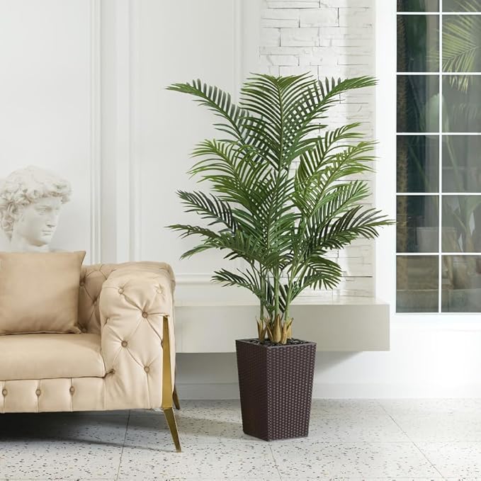 5FT Artificial Palm Tree - Tall Fake Tree with Brown Taper Planter & Pebbles, UV Resistant for Indoor & Outdoor Decor - Large Potted Faux Plant for Living Room, Office, Home Decor,VN130