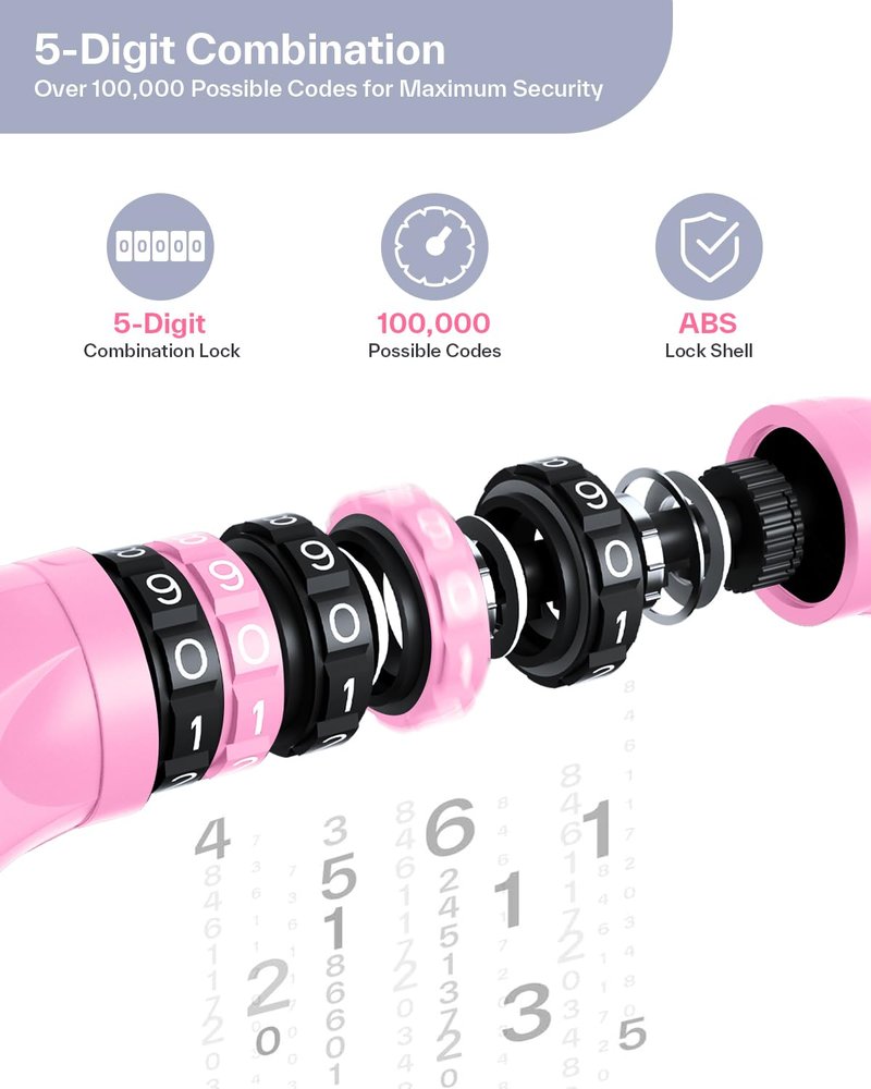 Sportneer Bike Lock: 5 Digit Combination High Security Anti Theft Bike Chain Lock - 3.2/3.6/4ft Heavy Duty Resettable Keyless Bicycle Lock for Bike, Motorcycle, Scooter, Door - 6mm Thick Pink