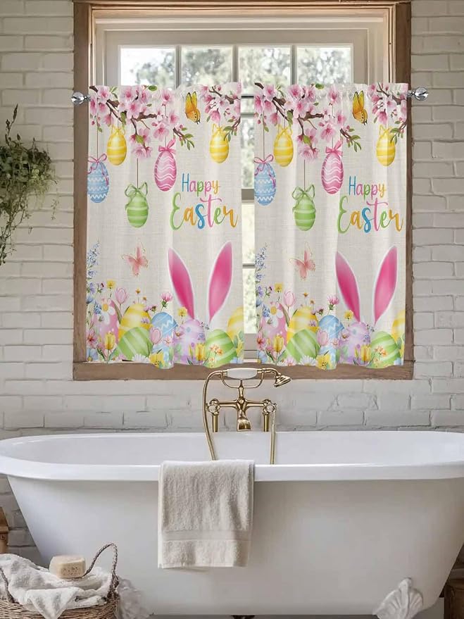 Happy Easter Kitchen Curtains 54 Inches Length, Spring Farmhouse Bunny Eggs