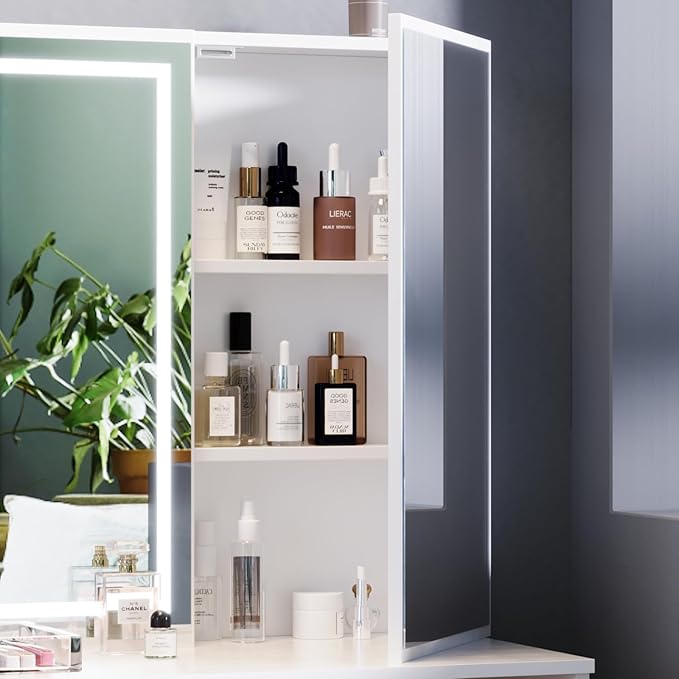 Makeup Vanity with Sliding Storage Wall-Mounted Jewelry,Mirror Cabinet,White Vanity Desk with Extra Large Mirror and Lights,7 Drawers Dressing Table with Vanity Stool&Storage Bench,for Bedroom