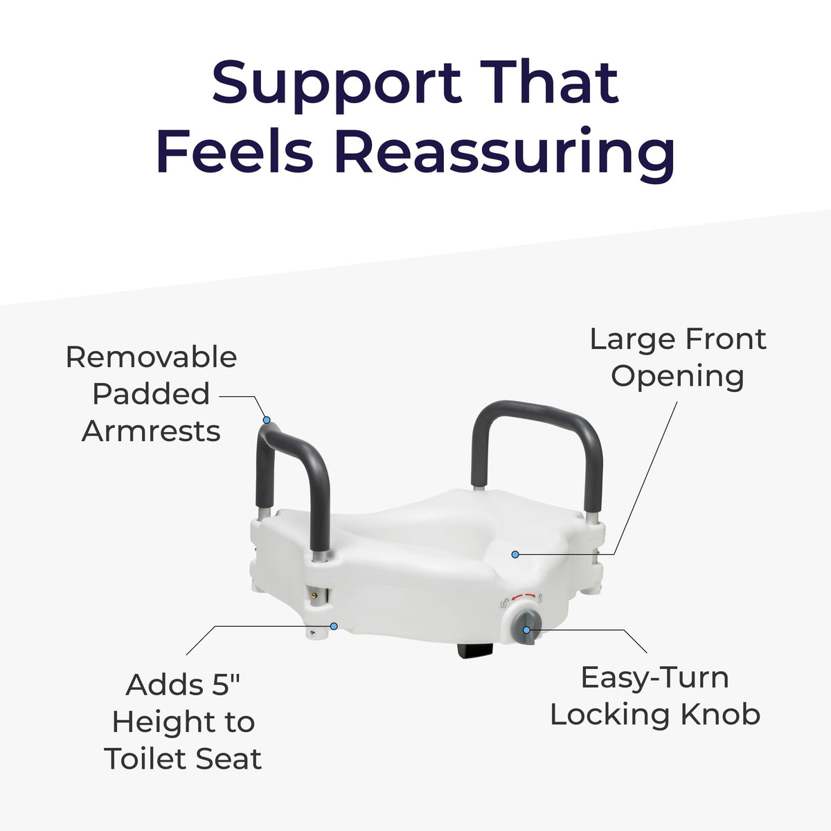 Drive Medical 2-in-1 Raised Toilet Seat with Removable Padded Arms - Elevated Bathroom Safety Support - Secure Locking Attachment - Easy Height Assistance - Durable Construction, Standard Toilets