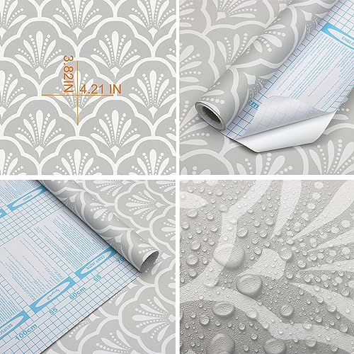 Guvana 17.32" X118" Gray and White Peel and Stick Wallpaper Geometric Contact Paper Modern Self Adhesive Wallpaper Removable Contact Paper for Bedroom Accent Wall Covering Vinyl Roll