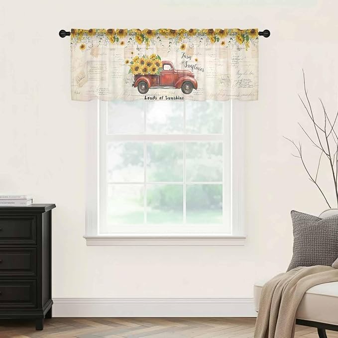 Farmhouses Sunflowers Sheer Valance Curtains, Retro Floral Leaves Red Truck
