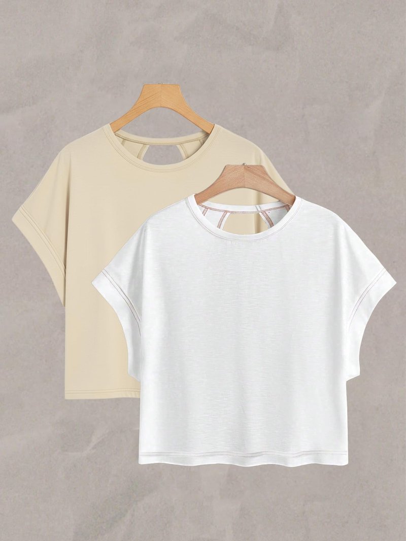 RoseSeek Women's 2 Packs Open Back Tops Criss Cross Cut Out Summer Casual T Shirt Crewneck Short Sleeve Backless Tee Multicolor White Small
