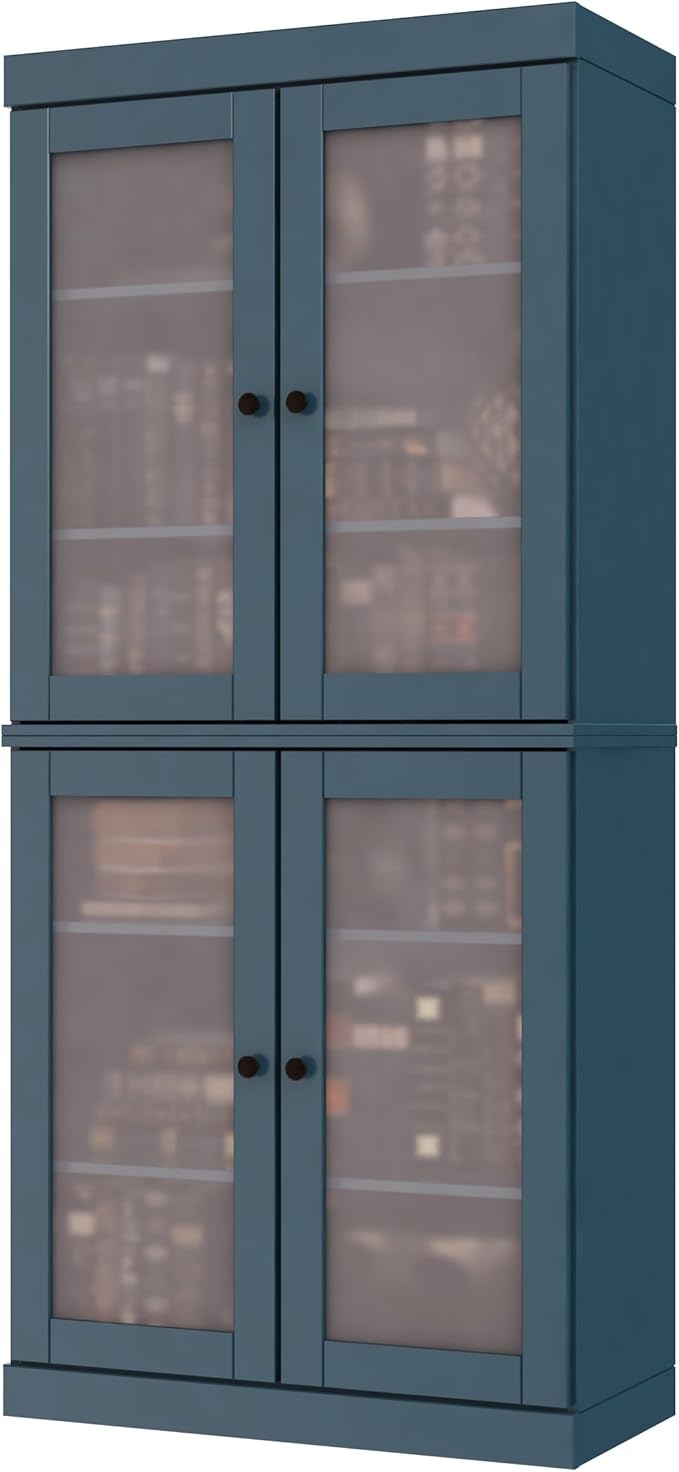 Palace Imports Solid Wood Bookcase w/Frosted Glass Doors & Adjustable Shelves for Living Room - 6-Tier Tall Bookshelf, 71.5" H x 32” W - Teal Blue, 100% Renewable Eco-Friendly Wood, Made in Brazil