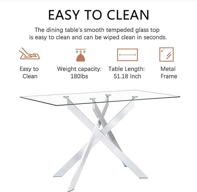 51.18" Glass Dining Table for 4-6, Dining Room Table with Clear Tempered Glass and Silver Metal Legs, Modern Rectangular Kitchen and Dining Room Dinner Table for Kitchen