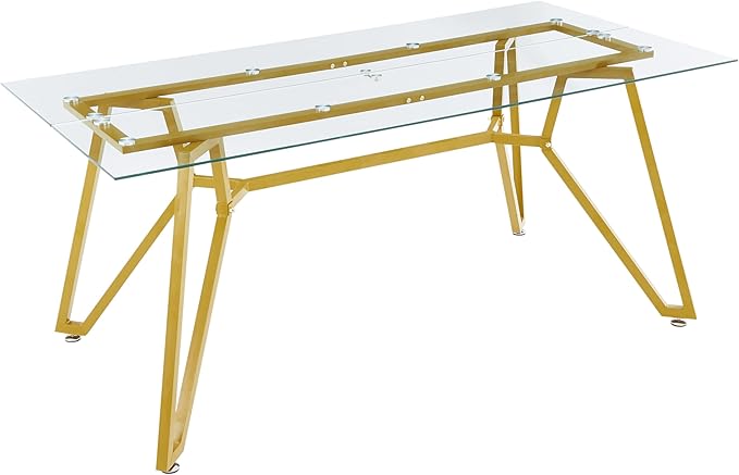 71 inch Glass Dining Table for 4 6 8, Modern Rectangular Kitchen Table and Table Runner, Clear Tempered Glass Tabletop and Gold Metal Legs Dining Room Dinner Table for Kitchen,Living Room, Offices