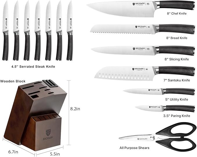 BRODARK 15PCS Kitchen Knife Set with Block and Dual Sharpener,Wooden Handle