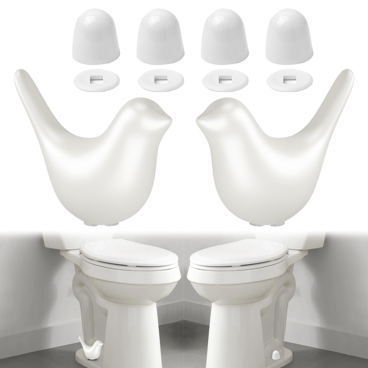 MENNTY 2Packs Ceramic White Birds Toilet Bolt Covers & 4Packs Universal Toilet Bolt Caps, Cute Bathroom Decorative Toilet Floor Screw Cover Caps Easy Installation