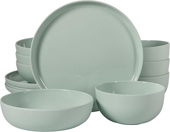 Gibson Home Casper Court 16-Piece Melamine Dinnerware Set – Green Reactive Glaze Look Plates and Bowls, Service for 4 – Top Rack Dishwasher Safe Everyday Dining Set