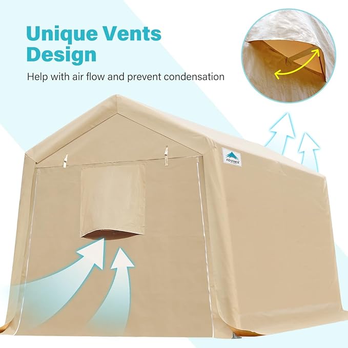 ADVANCE OUTDOOR 8X14 ft Steel Metal Peak Roof Portable Garage Shelter Storage Shed Carport for Motorcycle Bike or Garden Tools with 2 Roll up Doors & Vents, Beige