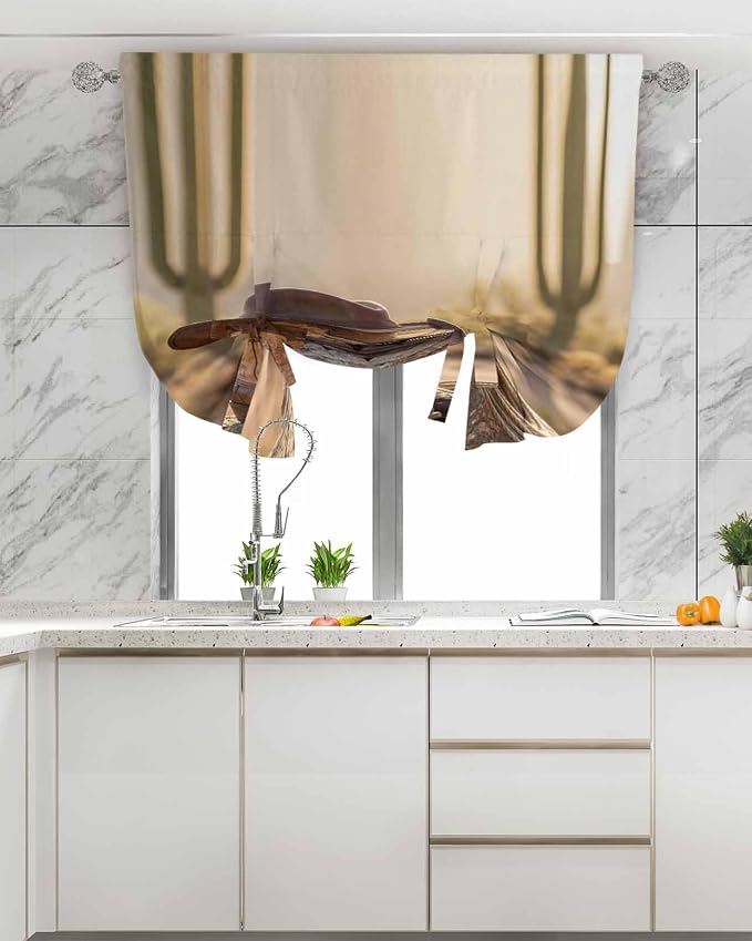 Tie Up Curtains for Windows, Cowboy Western Adjustable Balloon Nature Linen