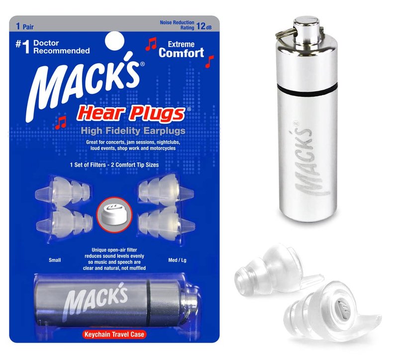 Mack's High Fidelity Ear Plugs for Concerts, Musicians, Motorcycles, Noise Sensitivity - 1 Pair (2 Comfort Tip Sizes) - Clear Hear Plugs with Case