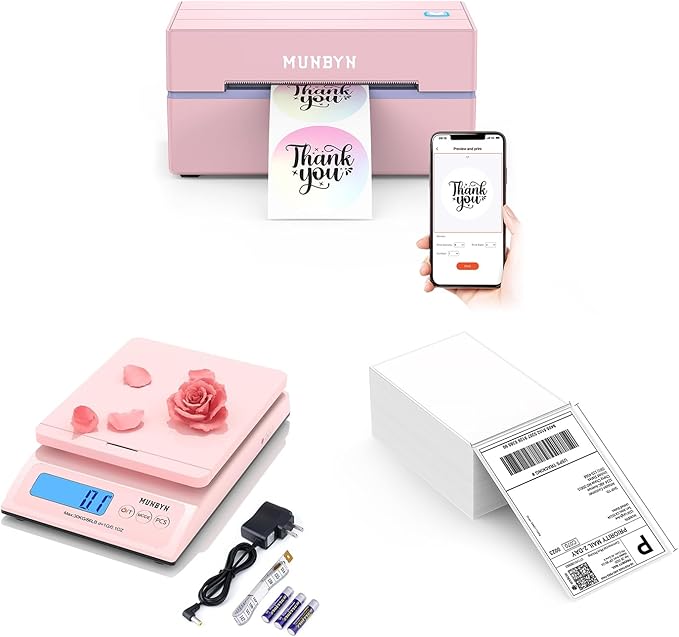 MUNBYN 130B Bluetooth Thermal Label Printer+Thermal Direct Shipping Label (Pack of 500 4x6 Fan-Fold Labels)+Shipping Scale, Accurate 66lb/0.1oz Postal Scale with Sweet Pink Style
