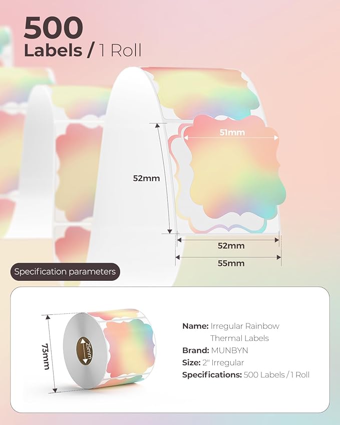 MUNBYN Rainbow Thermal Label Stickers, 52mm x 52mm Multi-Purpose Color Thermal Labels for Business, Logo Design, Baking, 500 Sheets/1 Roll