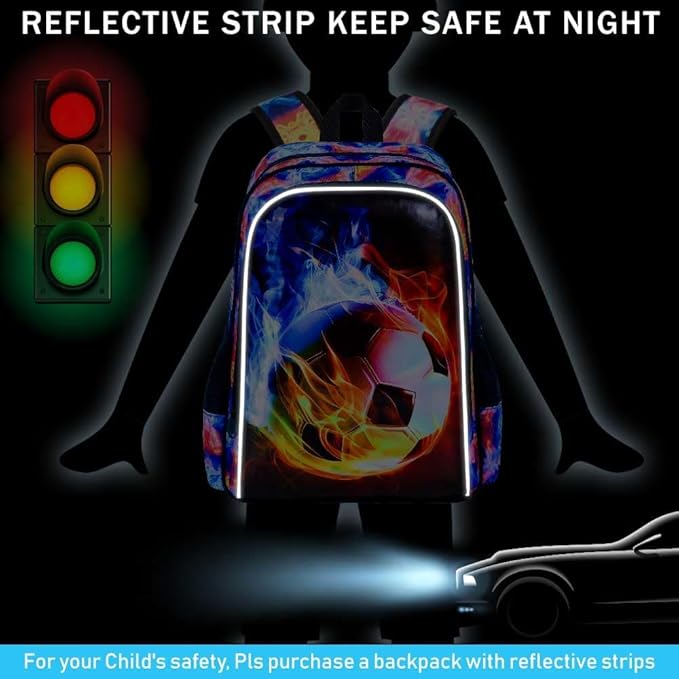 KLFVB 3PCS Kids Backpack, 17" Boys Football Bookbag and Lunch Box, Water Resistant Teenagers School Backpacks for Middle Elementary - Flame Soccer