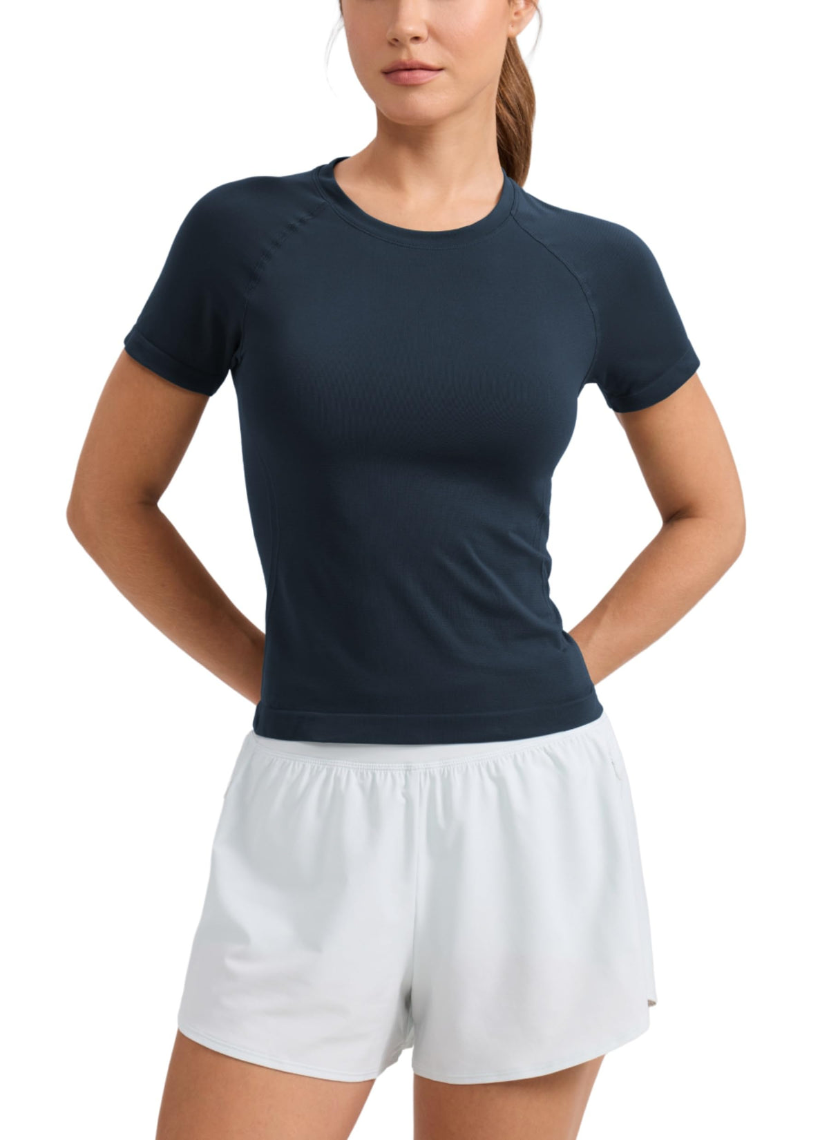 CRZ YOGA Seamless Workout Tops for Women Waist Length - Running Gym Athletic Yoga Short Sleeve Shirts Breathable Crewneck Twilight Blue Medium