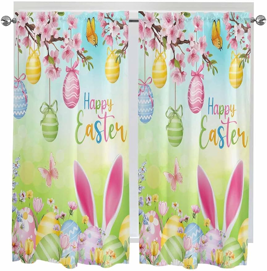 Easter Bedroom Curtains 63 Inches length, Spring Bunny Colorful Rabbit Eggs