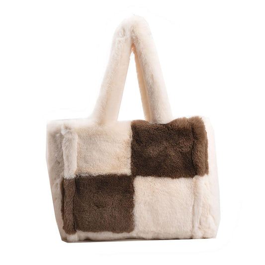 Extolove Fluffy Tote Bags Winter Furry Purse for Women Y2K Faux Fur Bag Fuzzy Shoulder Handbag (White with Coffee)