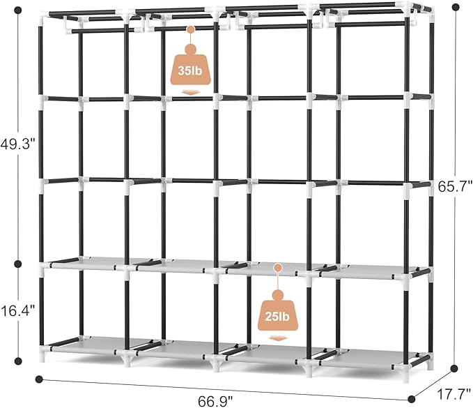 VTRIN Portable Closet for Hanging Clothes 67 Inch Wide Large Capacity Portable Wardrobe Closet with Cover, 4 Storage Shelves and 4 Hanging Rod Sturdy Free Standing Closet for Bedroom, White