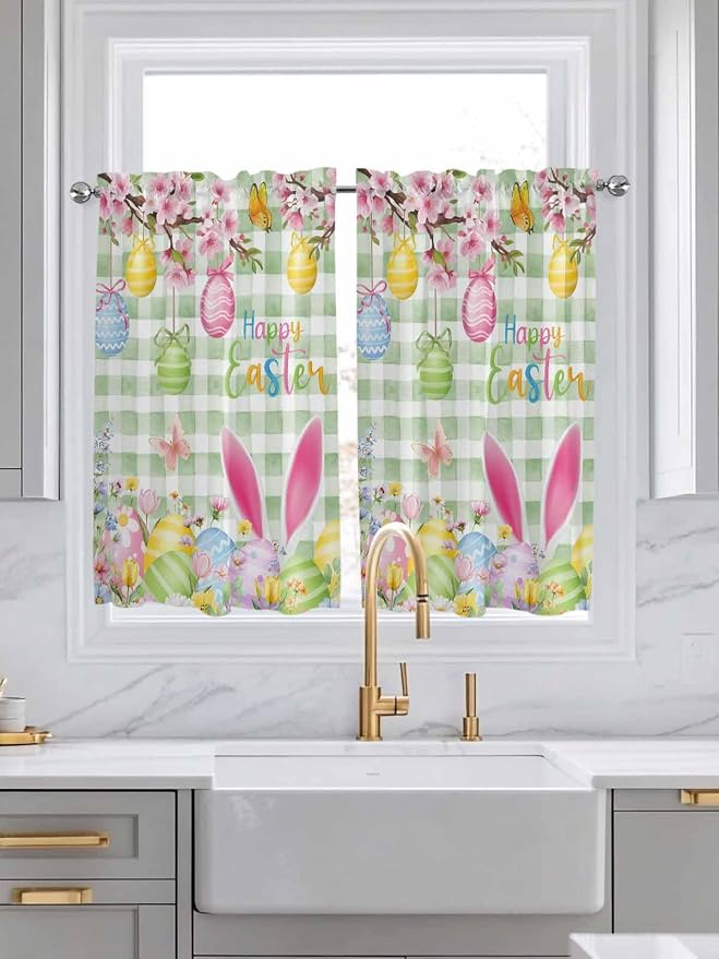 Happy Easter Kitchen Curtains 54 Inches Length, Spring Bunny Eggs Flower Sage