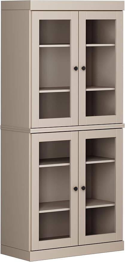 Palace Imports Solid Wood Bookcase - 6-Tier Tall Bookshelf, 71.5” H x 32” W - Beige, Clear Glass Cabinet Doors & Adjustable Shelves for Living Room, 100% Renewable Eco-Friendly Wood, Made in Brazil
