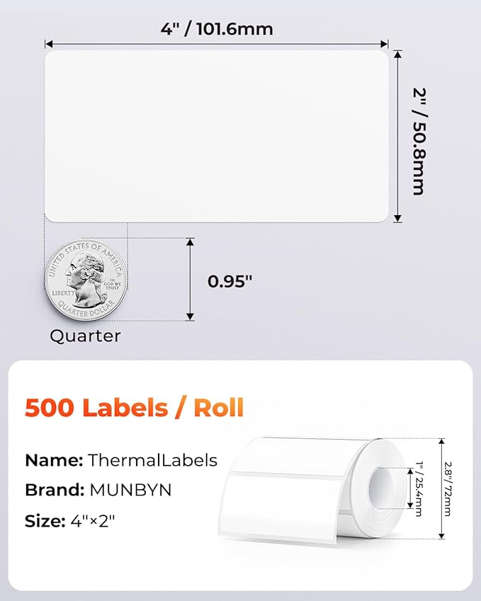 MUNBYN 4” X 2” Direct Thermal Labels, Thermal Printer Stickers, Strong Adhesive & Perforated Labels Paper for Barcode, Mailing, 500 Sheets/1 Roll，White