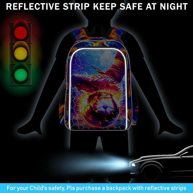 KLFVB 3PCS Boys Bookbag, 17" Kids Football Backpack and Lunch Box, Water Resistant Teenagers School Backpacks for Middle Elementary - Strike Fire Soccer