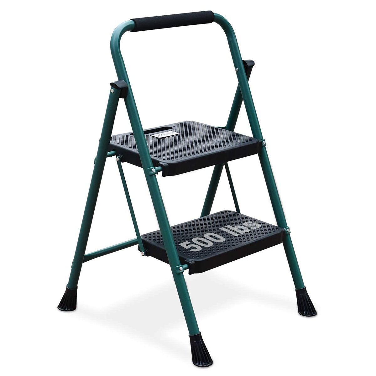 HBTower 2 Ladder, 5FT Folding Step Stool with Wide Anti-Slip Pedal, Sturdy Steel Ladder, Convenient Handgrip, Lightweight 500lbs Portable, Green