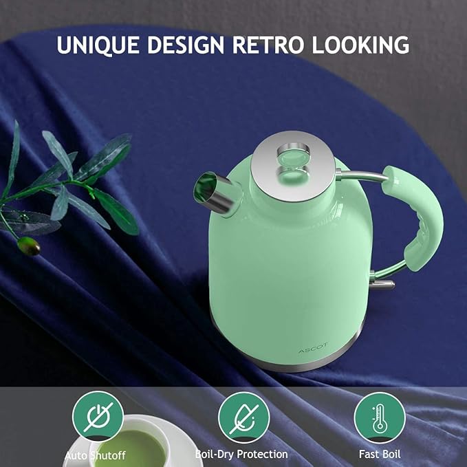 ASCOT Electric Kettle, Stainless Steel Electric Tea Kettle Gifts for Men/Women/Family 1.6L 1500W Retro Tea Heater & Hot Water Boiler, Auto Shut-Off and Boil-Dry Protection (Green)