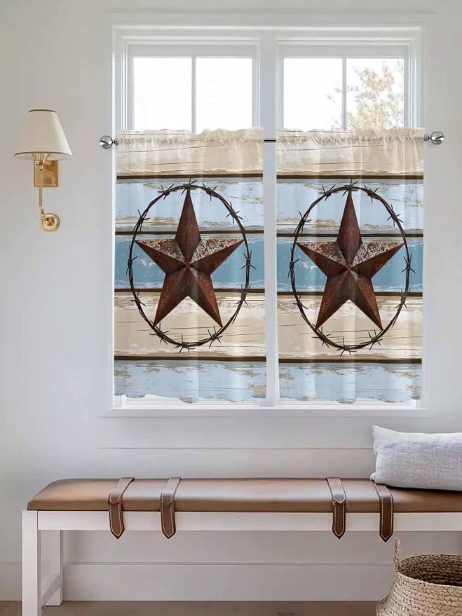 Vintage Western Star on Wood Grain Window Valance Curtains, Retro Wooden
