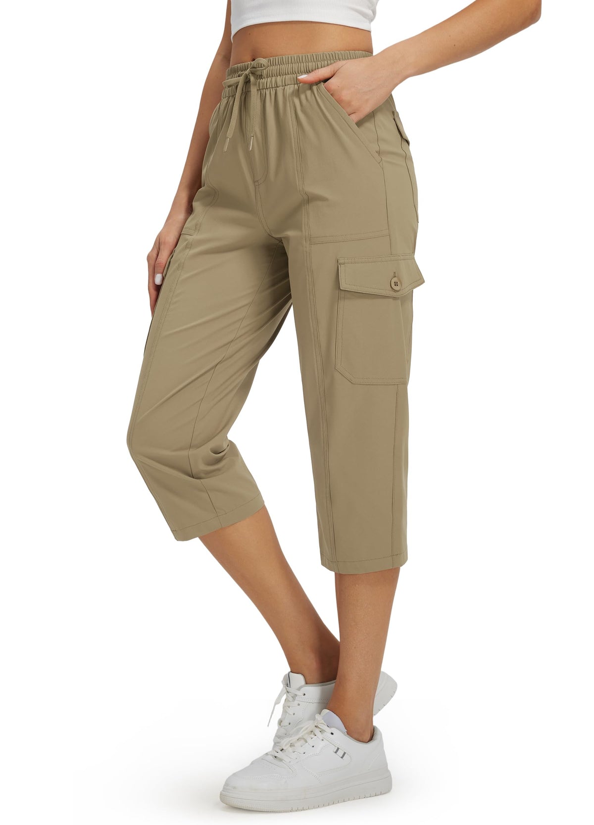 Libin Women's Capri Pants Cargo Capris Travel Hiking Casual Summer Cropped Pants Stretch Quick Dry Water Resistant, Dark Khaki XL