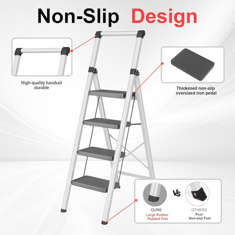 DIAMONDFORGE 4 Step Ladder, Folding Step Stool with Wide Anti-Slip Pedal, Soft Grip Handle & Non-Slip Feet, Sturdy Steel Ladder with 600 lbs Capacity for Home, Kitchen & Office, Black Grey