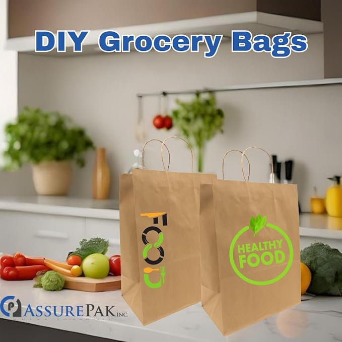 ASSUREPAK Kraft DIY Paper Bags, 13" x 7" x 13", 110 GSM, 250 Count