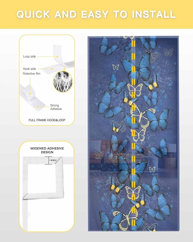 Screen Door 38"x83" Blue Butterfly Door Screen Magnetic Closure