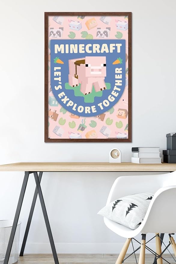 Trends International Minecraft - Let's Explore Together Wall Poster, 34L x 22.4W, Mahogany Framed Version