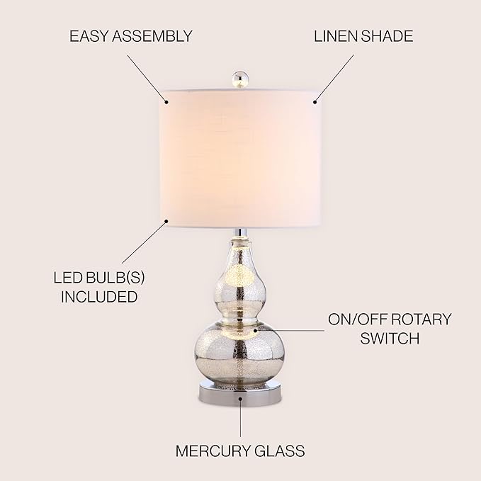 JONATHAN Y 20.5" Mercury Silver Glass Table Lamp, Modern Gourd Bedside Nightstand Lamp for Bedroom, Living Room, White Linen Shade, LED Bulb Included (JYL1028C)