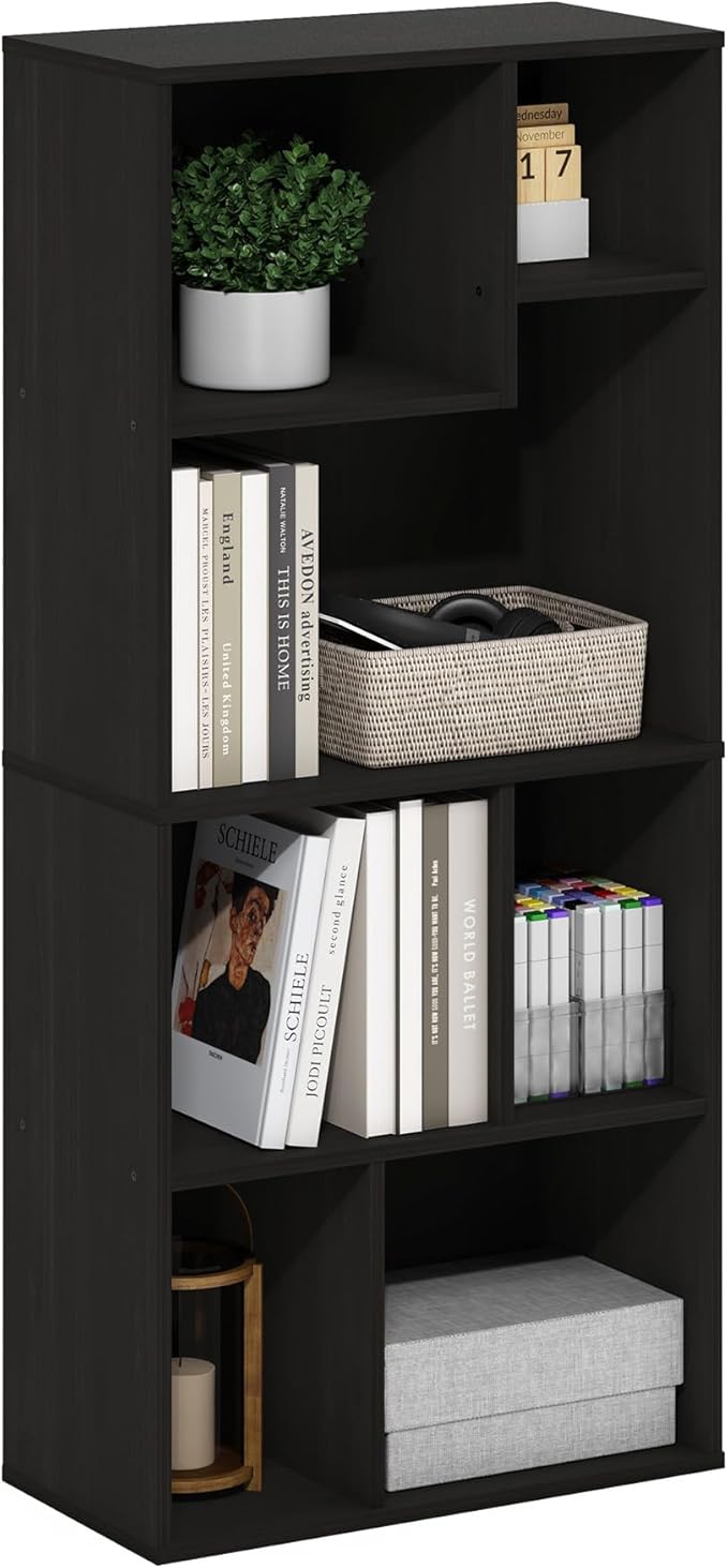 Furinno DALY Book Shelf, 7-Cube Bookshelf, Cube Storage Organizer Bookcase with Irregular Compartments, 9.4 x 18.9 x 42.1, for Living Room, Bedroom, Home Office, Espresso