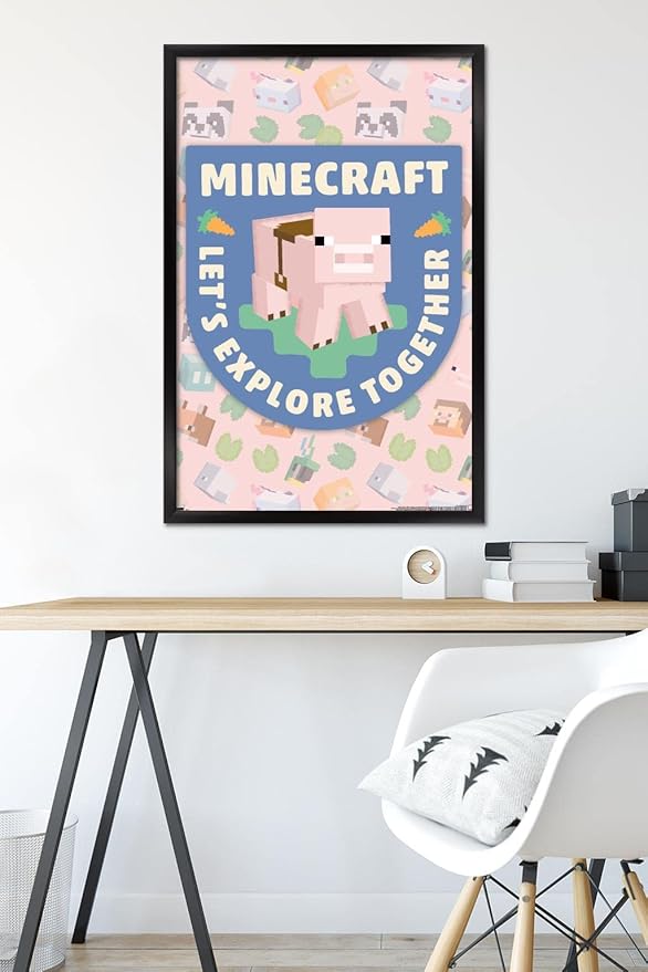 Trends International Minecraft - Let's Explore Together Wall Poster, 34L x 22.4W, Black Framed Version