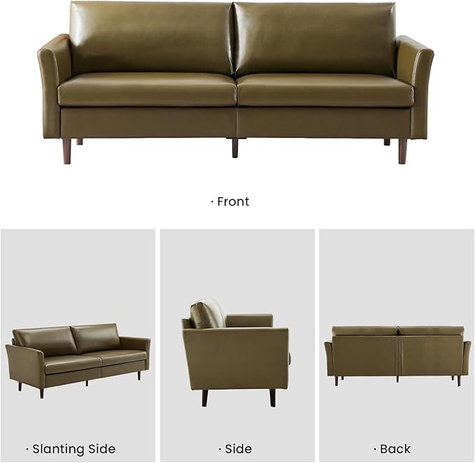 Kingfun Faux Leather 3 Seat Couch for Living Room, Mid Century Modern Sofa with Rolled Arms and Deep Seats, Fluffy Comfort for Apartment, Easy to Assemble, Olive Green