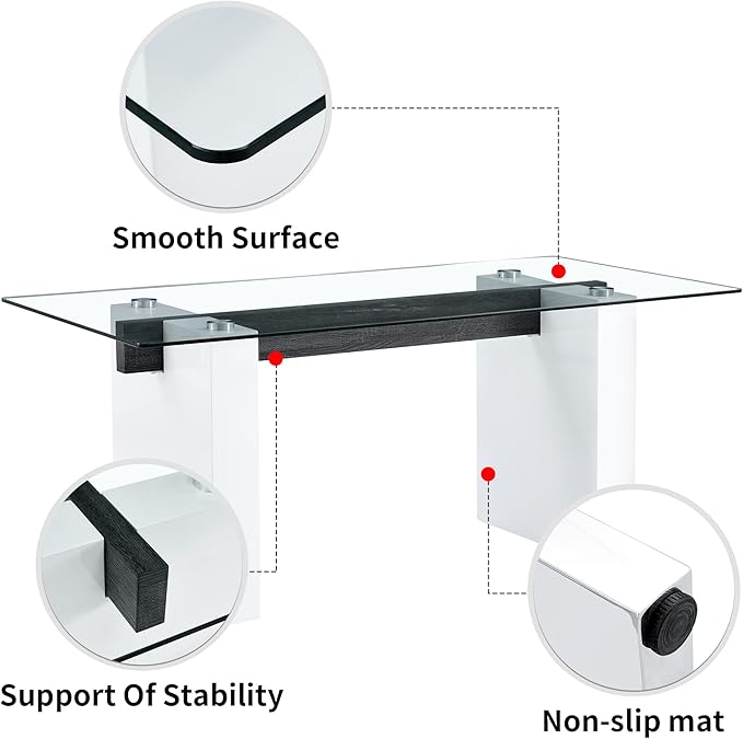 Modern Glass Dining Table for 6-8, Rectangular Glass Kitchen Table with Tempered Glass Tabletop and and Large White Table Legs for Kitchen Dining Room(White)