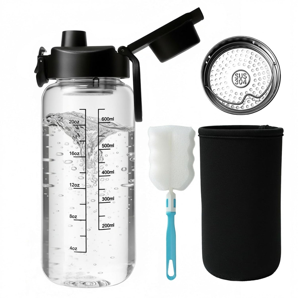 Neodaco 24 OZ Glass Shaker Bottle, Odorless Shaker Bottle with 304 Stainless Steel Ball and Removable Cleaning Brush for Fitness Protein Mixes